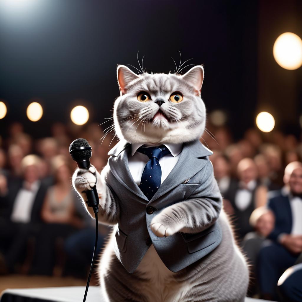 british shorthair cat as a keynote speaker on stage, dressed elegantly, holding a microphone, exuding charisma and confidence.