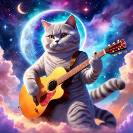 british shorthair cat as a musician in an ethereal fantasy setting, playing guitar with a majestic and magical touch.