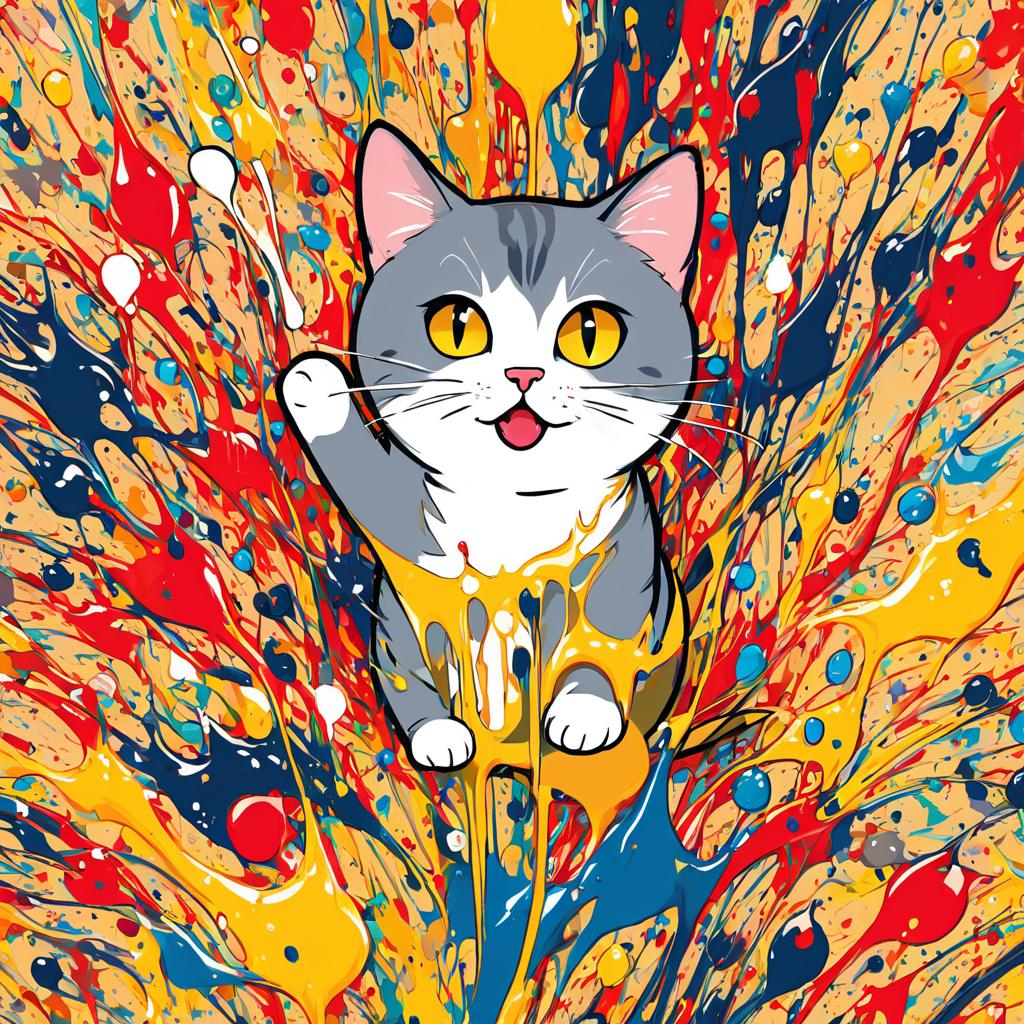 british shorthair cat in pollock's drip technique, capturing dynamic and colorful modern art.