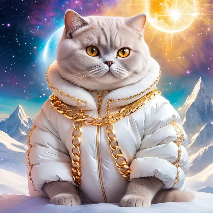 british shorthair cat in a white puffer coat with golden hip hop chains, in a posh urban environment, looking cute and happy.