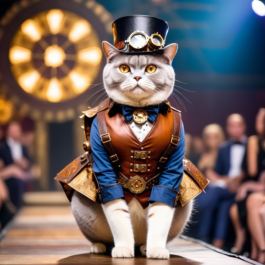 british shorthair cat strutting down the fashion show catwalk stage in an elaborate steampunk outfit featuring leather harnesses, brass gears, and a top hat, high energy and dramatic.