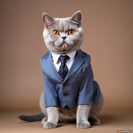 british shorthair cat in a stylish suit, posing against a diffused background, looking cute and professional.