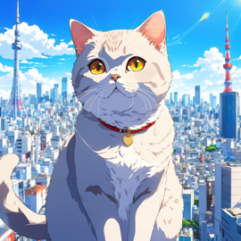 anime artwork of british shorthair cat in tokyo on a sunny day with clear blue skies and cityscape background.