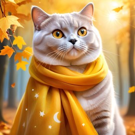 british shorthair cat in a yellow scarf, ethereal and magical style.