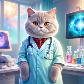 british shorthair cat as a doctor in a magical hospital setting, ethereal and dreamy with celestial details.