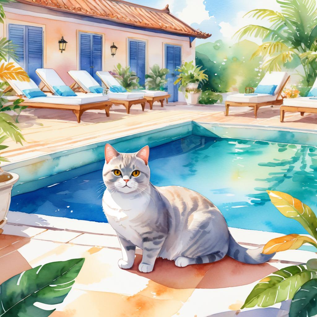 watercolor illustration of british shorthair cat suntanning next to a luxurious villa pool, capturing a posh and vibrant scene.