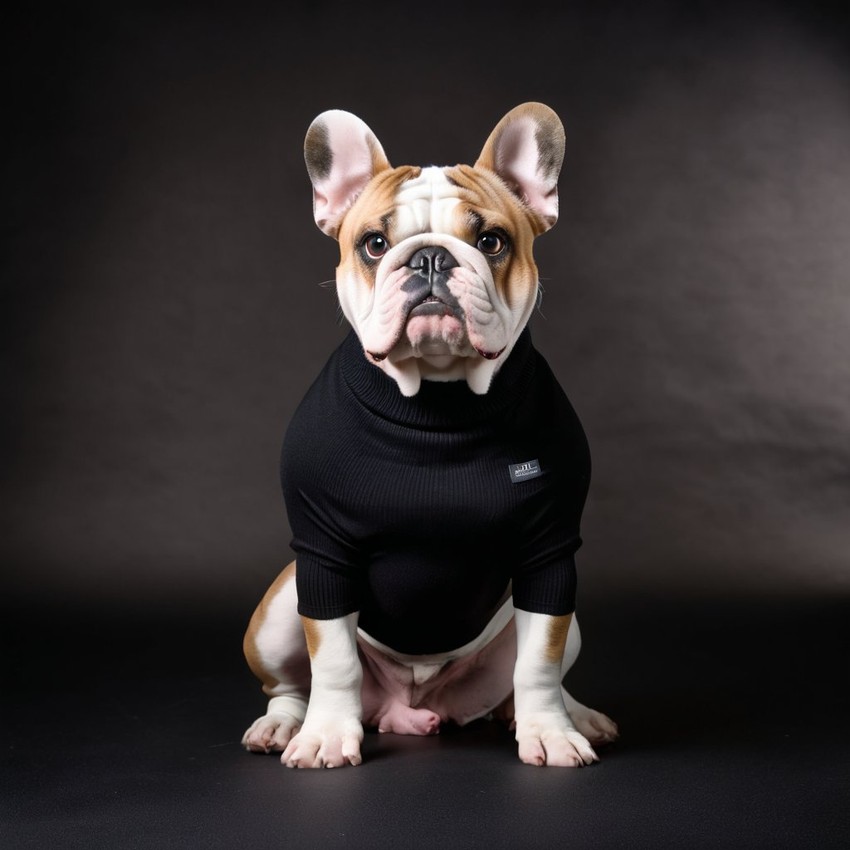 bulldog in a black turtleneck, against a diffused background, looking cute and elegant.