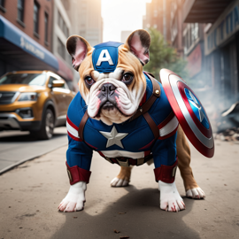 bulldog as captain america from avengers, in action, cute and happy.