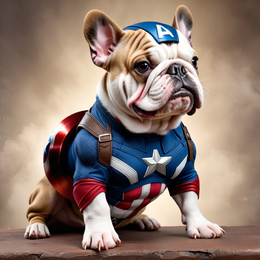 bulldog as captain america from avengers, lifelike and highly detailed.