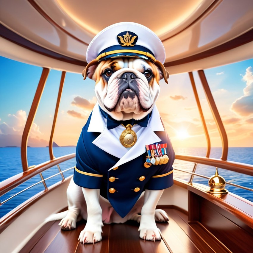 bulldog as a captain on a luxury yacht, wearing captain uniform, ethereal and majestic.