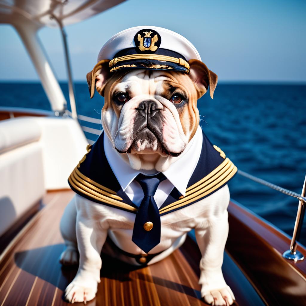 bulldog as a captain on a luxury yacht, wearing captain uniform, against a blue sea.