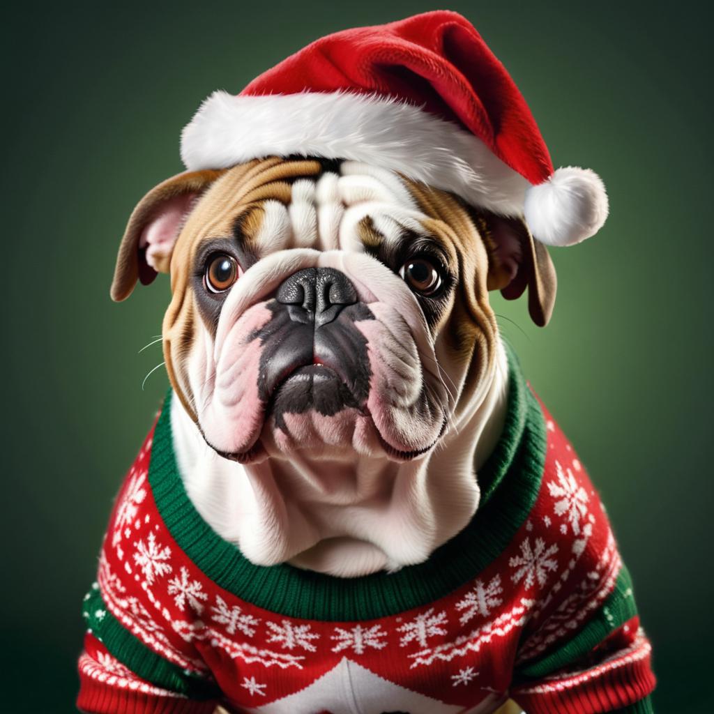 bulldog in a christmas sweater and santa hat, lifelike and festive.