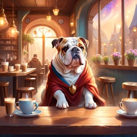 bulldog sitting in a cozy coffee shop, ethereal and magical.