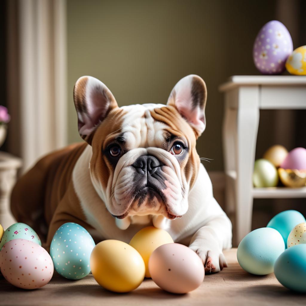 bulldog in a beautiful easter setting with colorful eggs, highly detailed and charming.