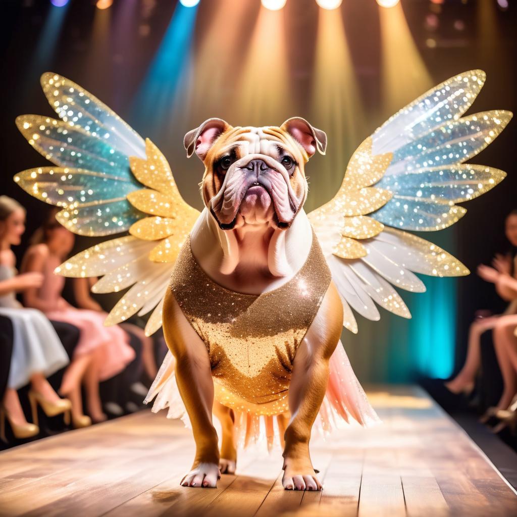 bulldog strutting down the fashion show catwalk stage in a magical fairytale dress with glittering wings, high energy and magical.