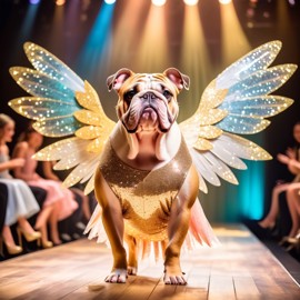 bulldog strutting down the fashion show catwalk stage in a magical fairytale dress with glittering wings, high energy and magical.