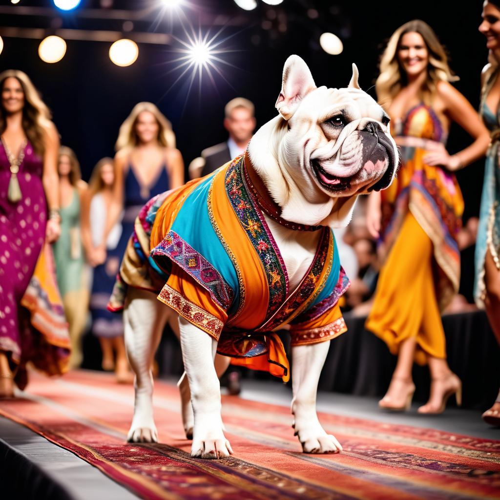 bulldog strutting down the fashion show catwalk stage in a colorful bohemian outfit with flowing fabrics, high energy and joyful.