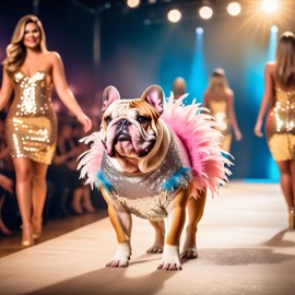 bulldog strutting down the fashion show catwalk stage in a sparkling sequined dress with a feathered boa, high energy and dramatic.