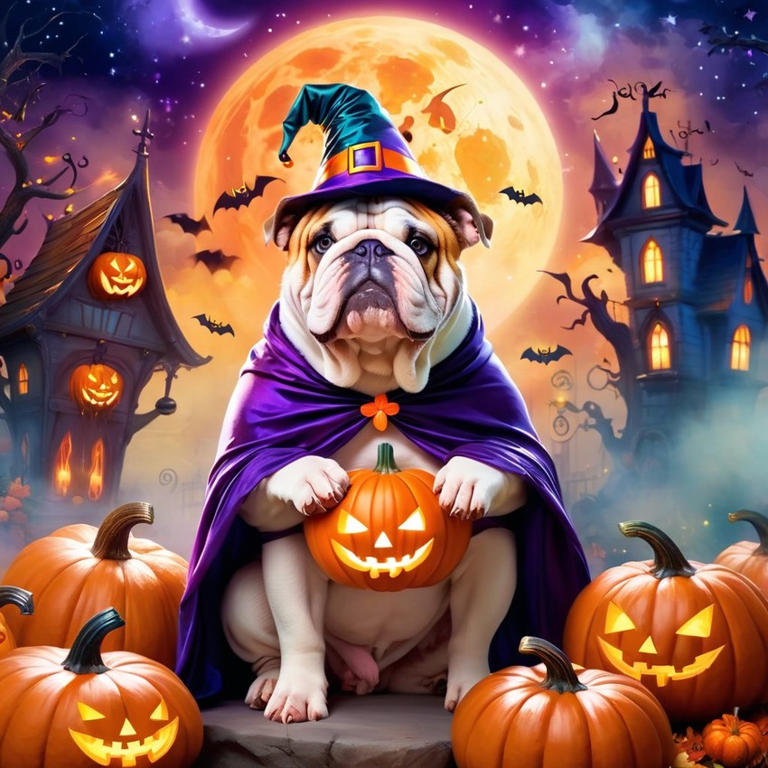 bulldog in a halloween costume, with a magical and ethereal atmosphere surrounded by pumpkins.