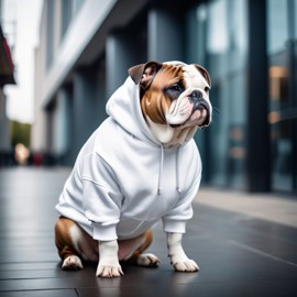 bulldog in a white hoodie, showcasing a modern urban setting with a cute and stylish look.