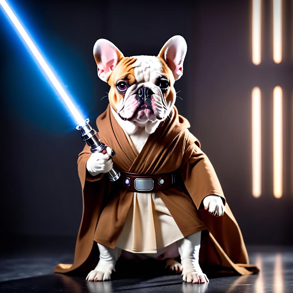 bulldog as a jedi knight, featuring a lightsaber and a star wars environment in a high-detail, epic style.