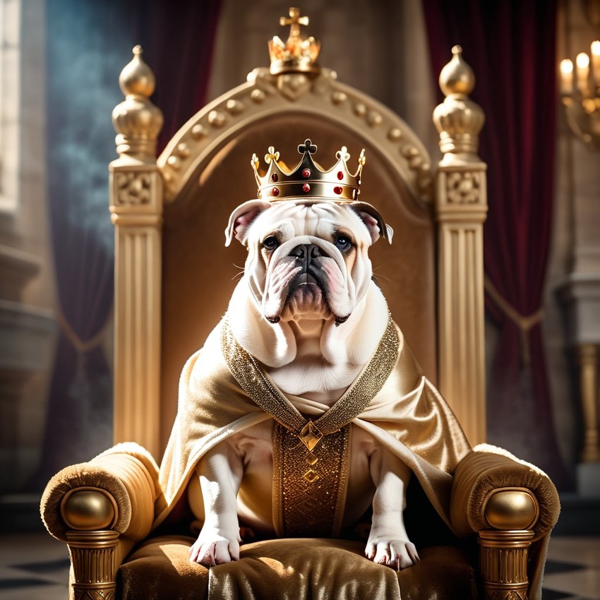 bulldog as a king in a magical castle, wearing a crown and robe, seated on a throne.