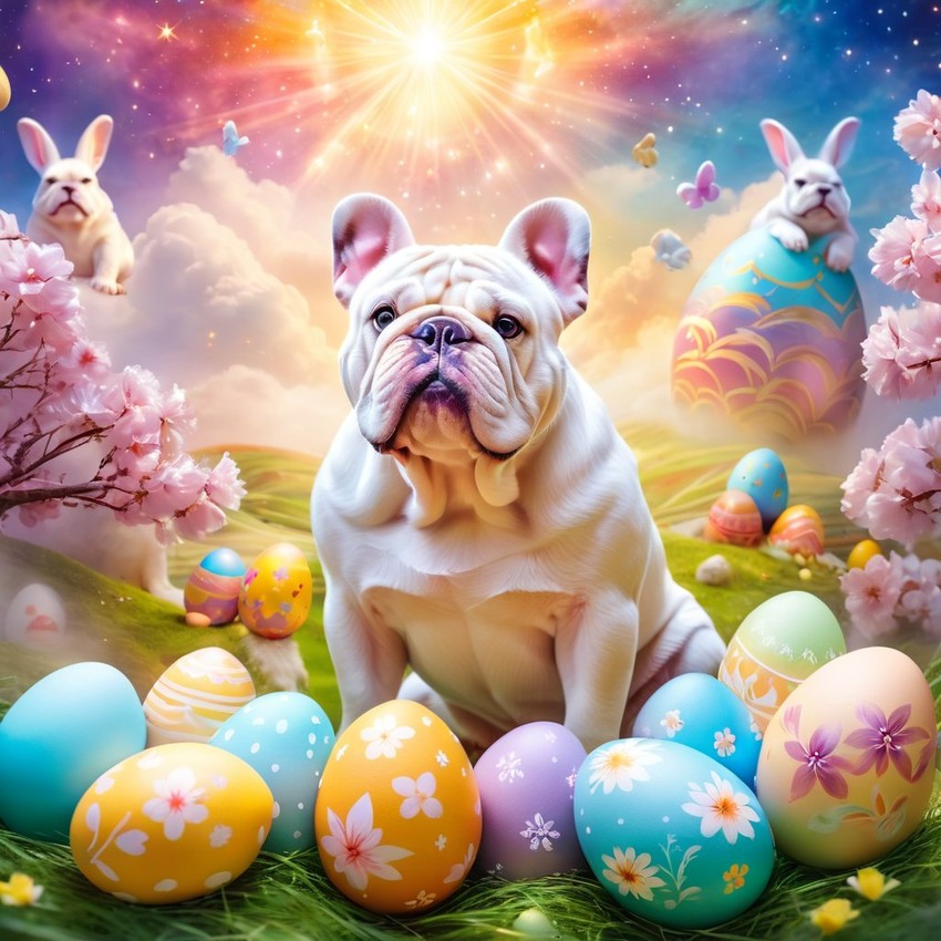 bulldog in a magical easter setting with colorful eggs, ethereal and dreamy details.