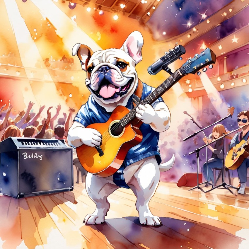 bulldog as a musician in a watercolor painting, playing guitar in a vibrant and detailed concert hall scene.