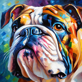 knife oil painting of bulldog in the style of leonid afremov and degas, featuring vibrant, textured brushstrokes.