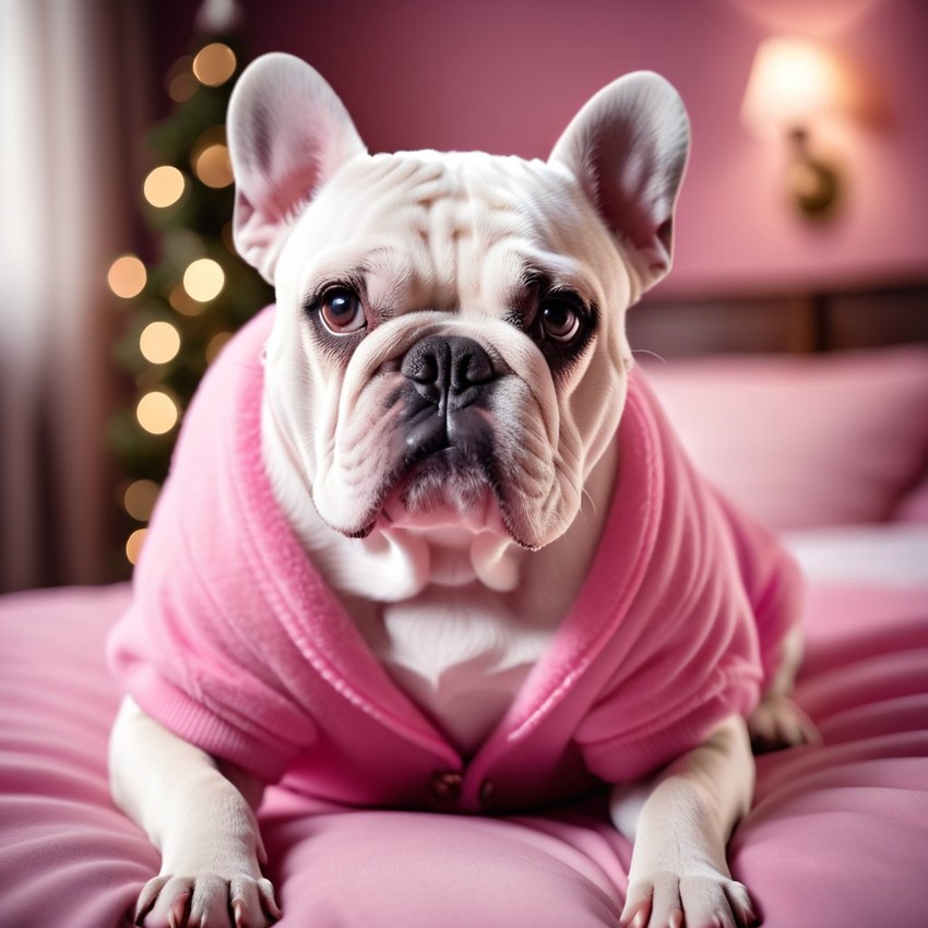 bulldog dressed in pink clothing, in a beautiful pink scene, radiating joy and cuteness.