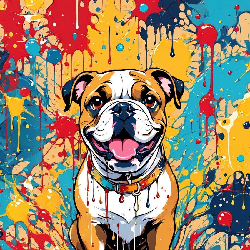 bulldog in pollock's drip technique, capturing dynamic and colorful modern art.