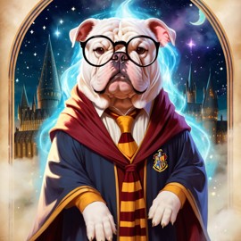 bulldog as harry potter, with glasses and a magical hogwarts setting, evoking a celestial and epic feel.