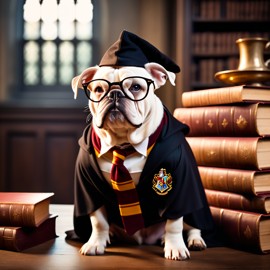 bulldog as harry potter, with glasses and hogwarts setting, capturing the magical and epic essence.