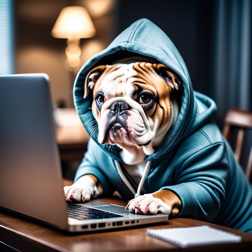 bulldog as a programmer, working on a laptop in a hoodie, capturing a cute and happy moment.