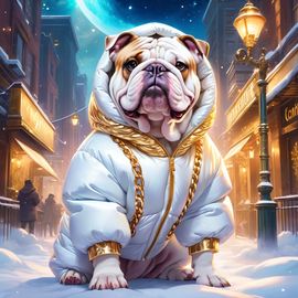 bulldog-puffer-coat-golden-chains-urban-environment-3b0571886d5c4134941f35913d817c57