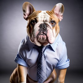 bulldog in a stylish shirt and tie, with a diffused background, capturing their cute and professional side.