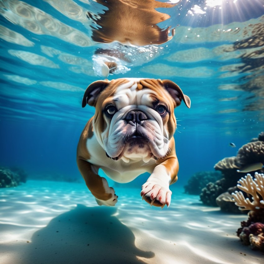 bulldog swimming in a vibrant blue ocean with fish and coral reef, capturing a sunny and happy underwater scene.