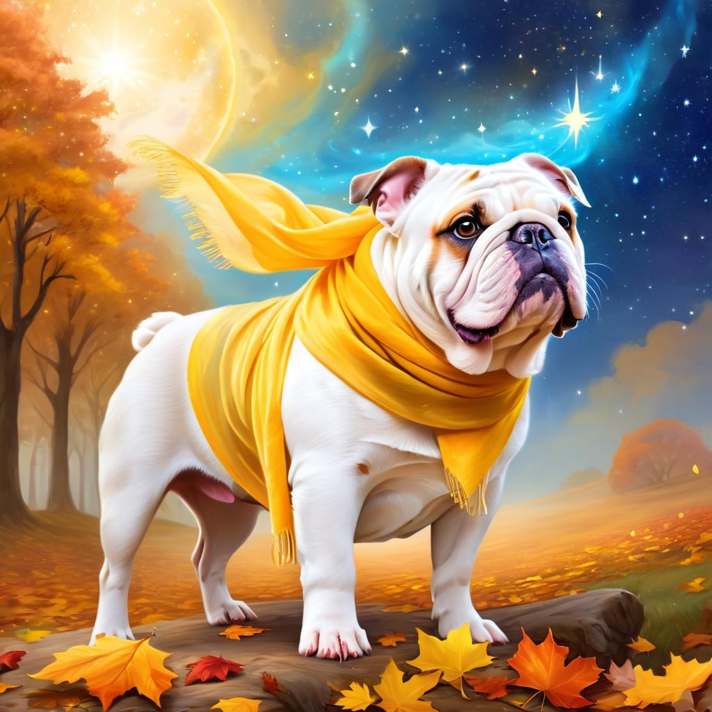 bulldog in a yellow scarf, ethereal and magical style.