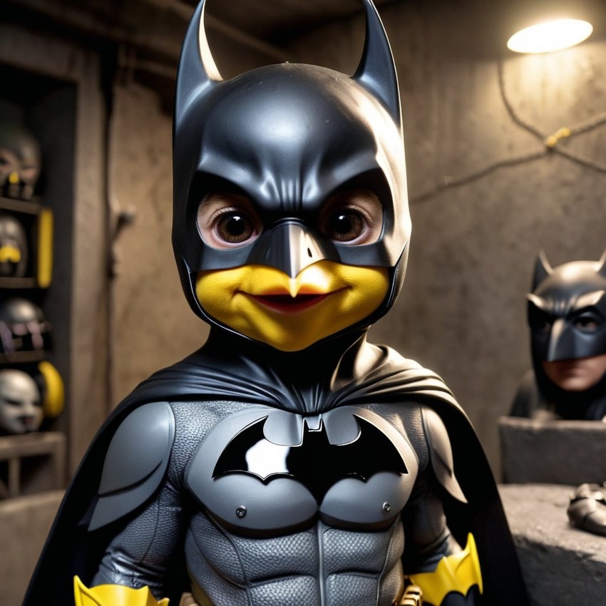 canary bird as batman in batcave, wearing batman suit and mask, highly detailed.