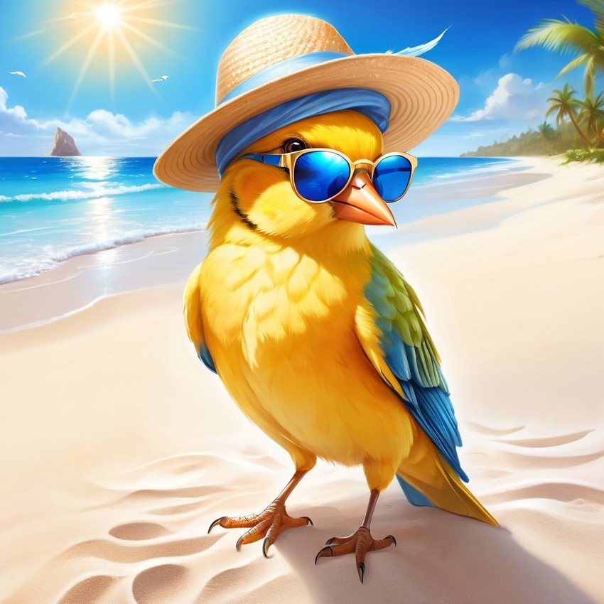 canary bird on a beach with white sand and blue sea, wearing sunglasses and summer hat.