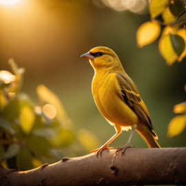 canary bird in golden hour light, highlighting their beauty in nature with a moody and detailed atmosphere.