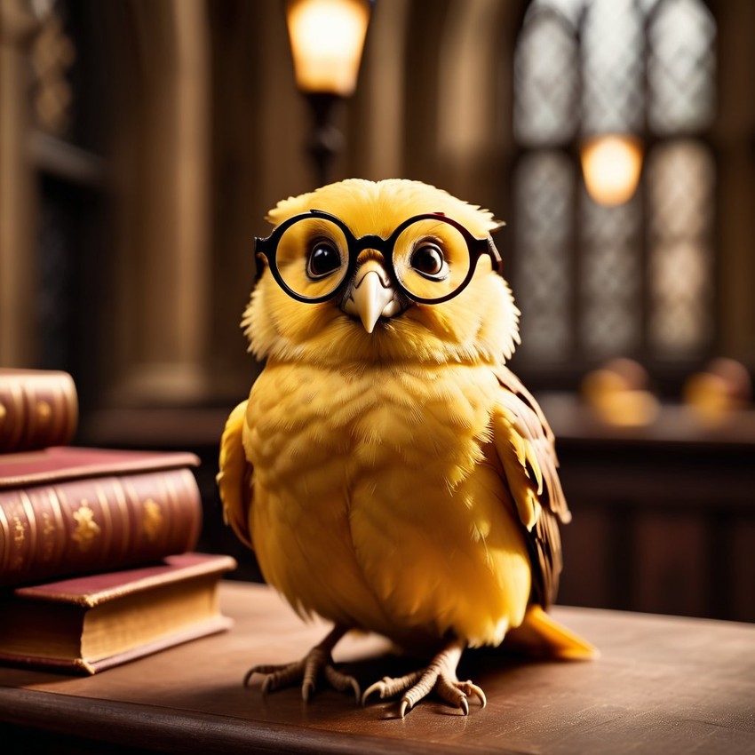 canary bird as harry potter, with glasses and hogwarts setting, capturing the magical and epic essence.