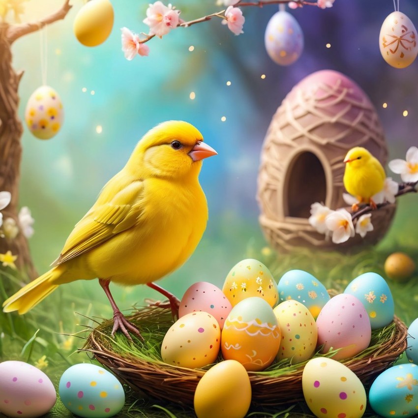 canary bird in a magical easter setting with colorful eggs, ethereal and dreamy details.