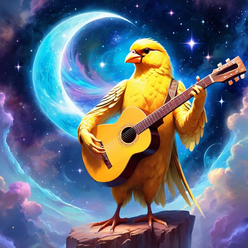 canary bird as a musician in an ethereal fantasy setting, playing guitar with a majestic and magical touch.