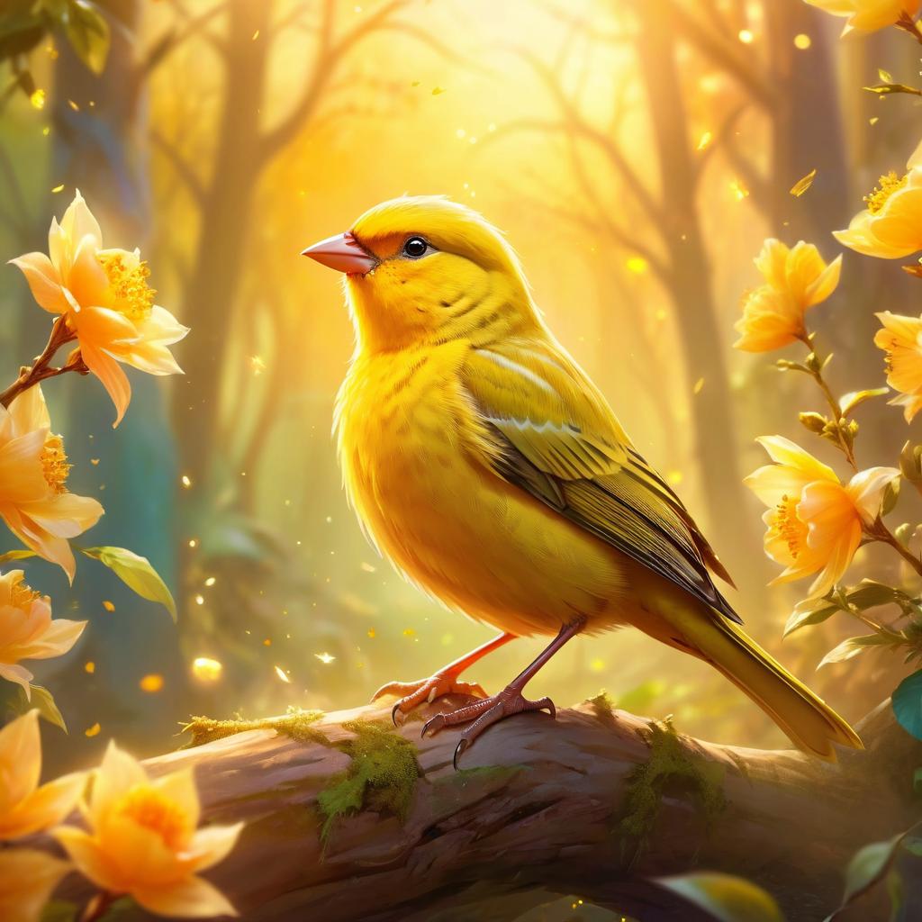 canary bird during golden hour, with a celestial and magical atmosphere, capturing their beauty in a dreamy setting.