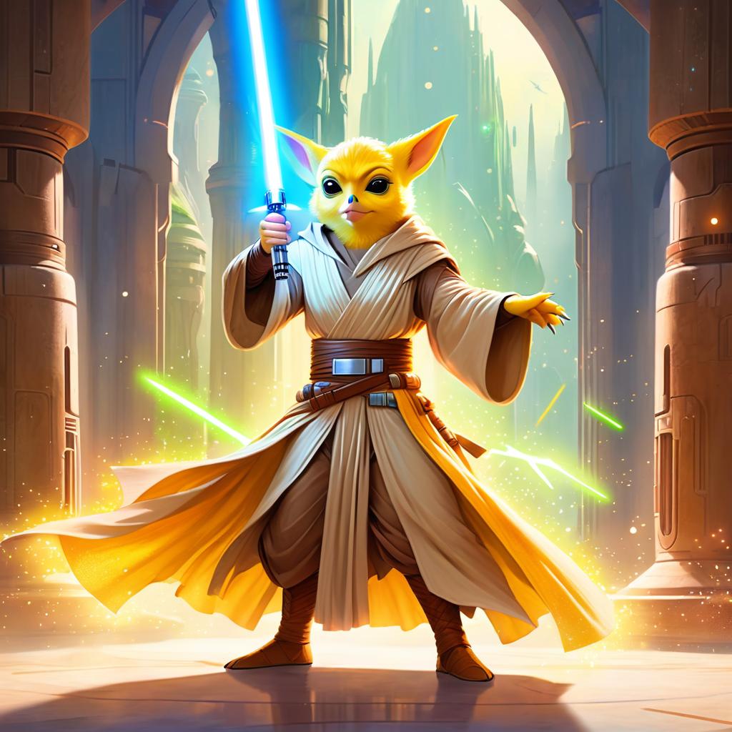 canary bird as a jedi knight, with a lightsaber and star wars backdrop in a celestial, painterly style.