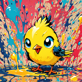 canary bird in pollock's drip technique, capturing dynamic and colorful modern art.