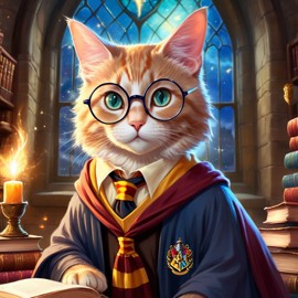 domestic shorthair cat as harry potter, with glasses and a magical hogwarts setting, evoking a celestial and epic feel.