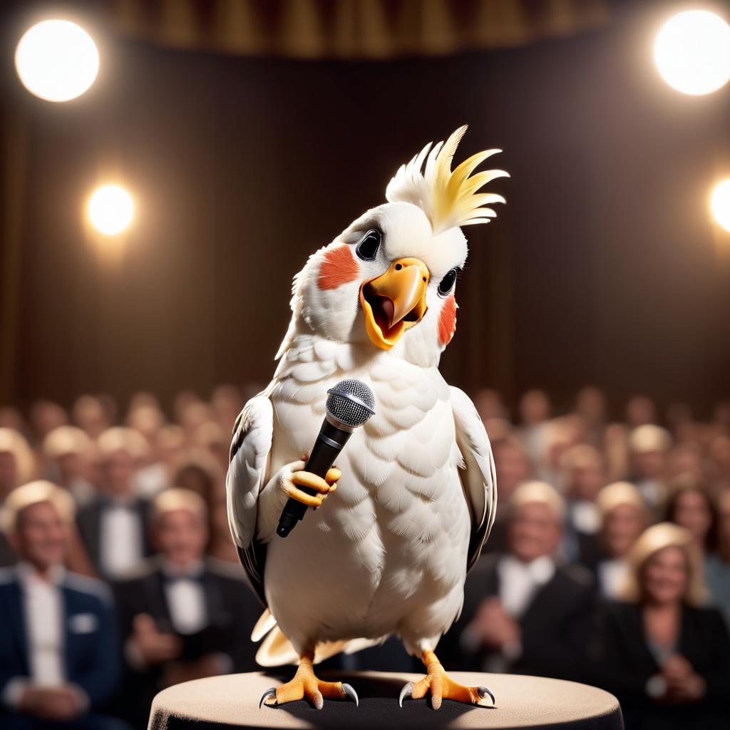 cockatiel bird as a keynote speaker on stage, dressed elegantly, holding a microphone, exuding charisma and confidence.