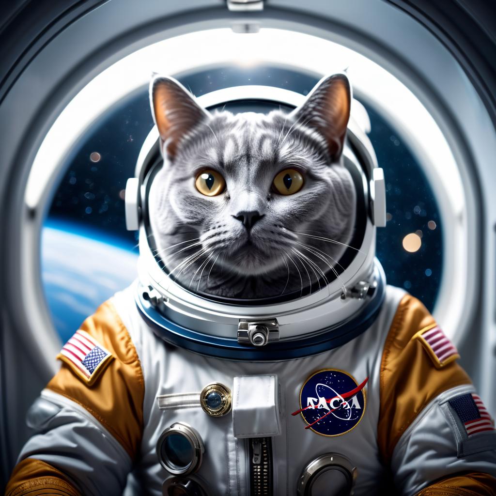 chartreux cat as astronaut in space, wearing spacesuit, with spacestation background.